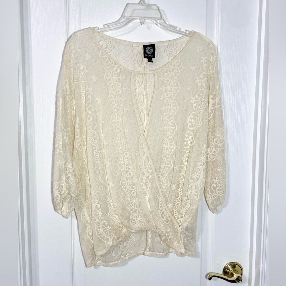 Bobeau Lace Draped Surplice Twisted Hem 3/4 Sleeve Blouse Cream Large